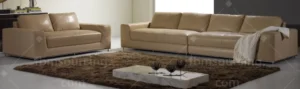 Tan leather sofa set with marble coffee table sourced from Guangzhou furniture market for Dubai apartment — FBM Sourcing
