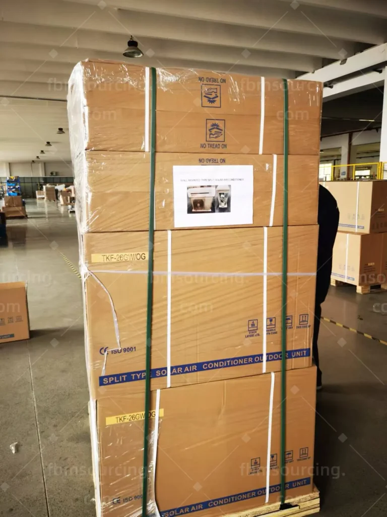 Solar split air conditioner cartons palletized for QC — Florida hotel procurement China