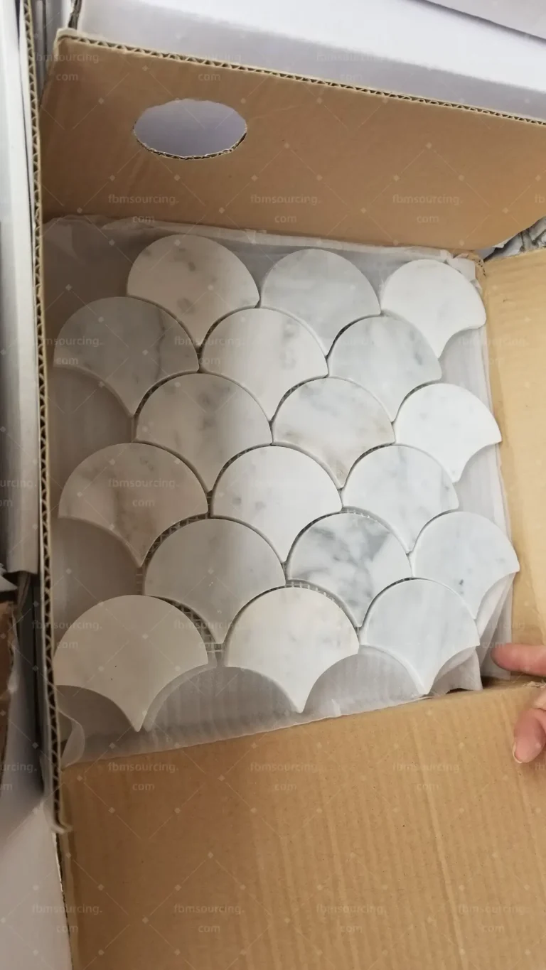 Fish scale Carrara marble mosaic unpacked for quality inspection