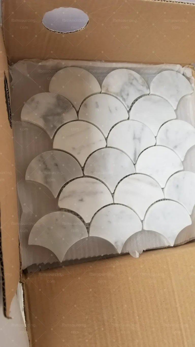Fan shaped marble mosaic sheet checked in export carton