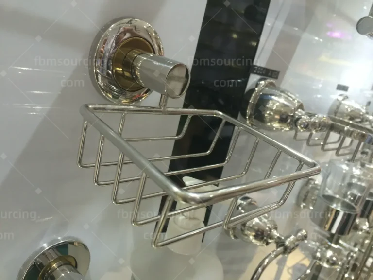 Brass-finish bathroom accessories reviewed with the client during the China sourcing trip