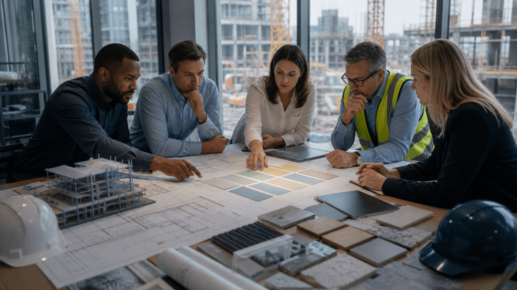 Construction procurement methods planning meeting with owner, designer and contractor