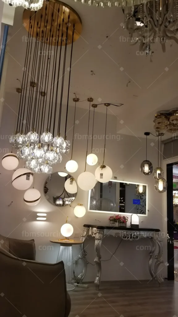 Designer pendant and crystal lighting selection at Foshan lighting mall