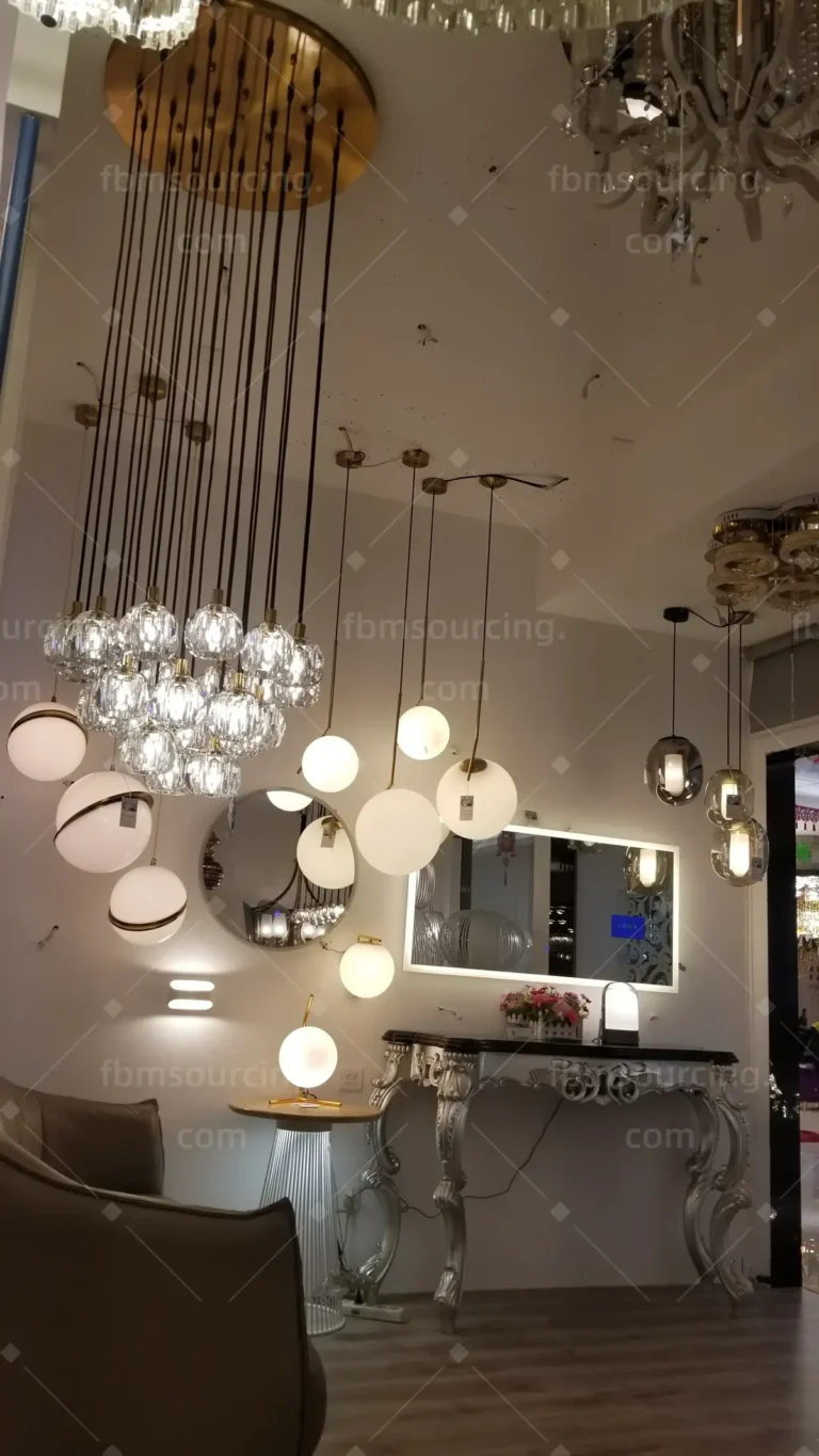 Designer pendant and crystal lighting selection at Foshan lighting mall
