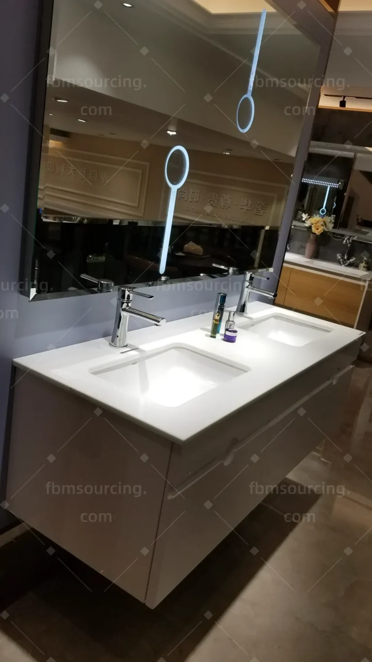 Double basin bathroom vanity reviewed at Foshan sanitary ware showroom