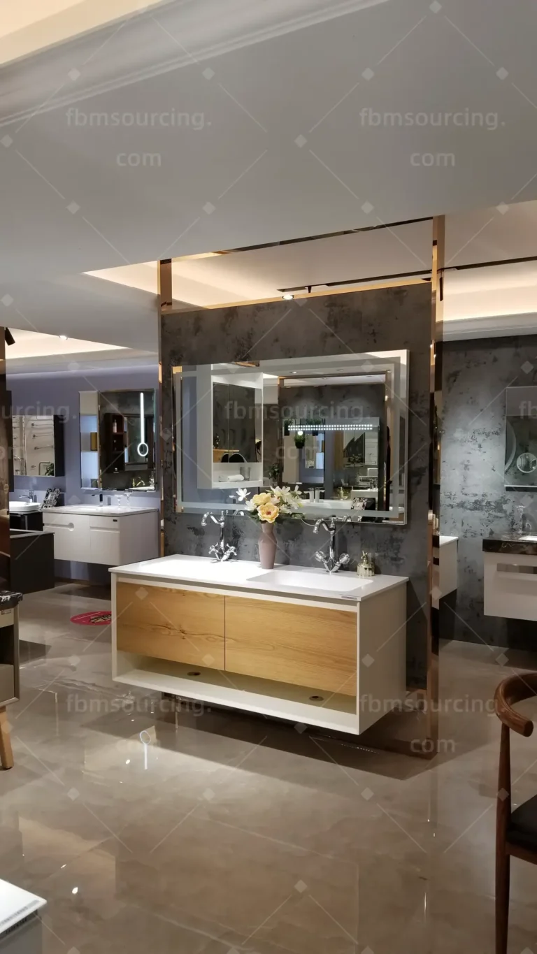 Bathroom vanity and LED mirror combinations at Foshan showroom