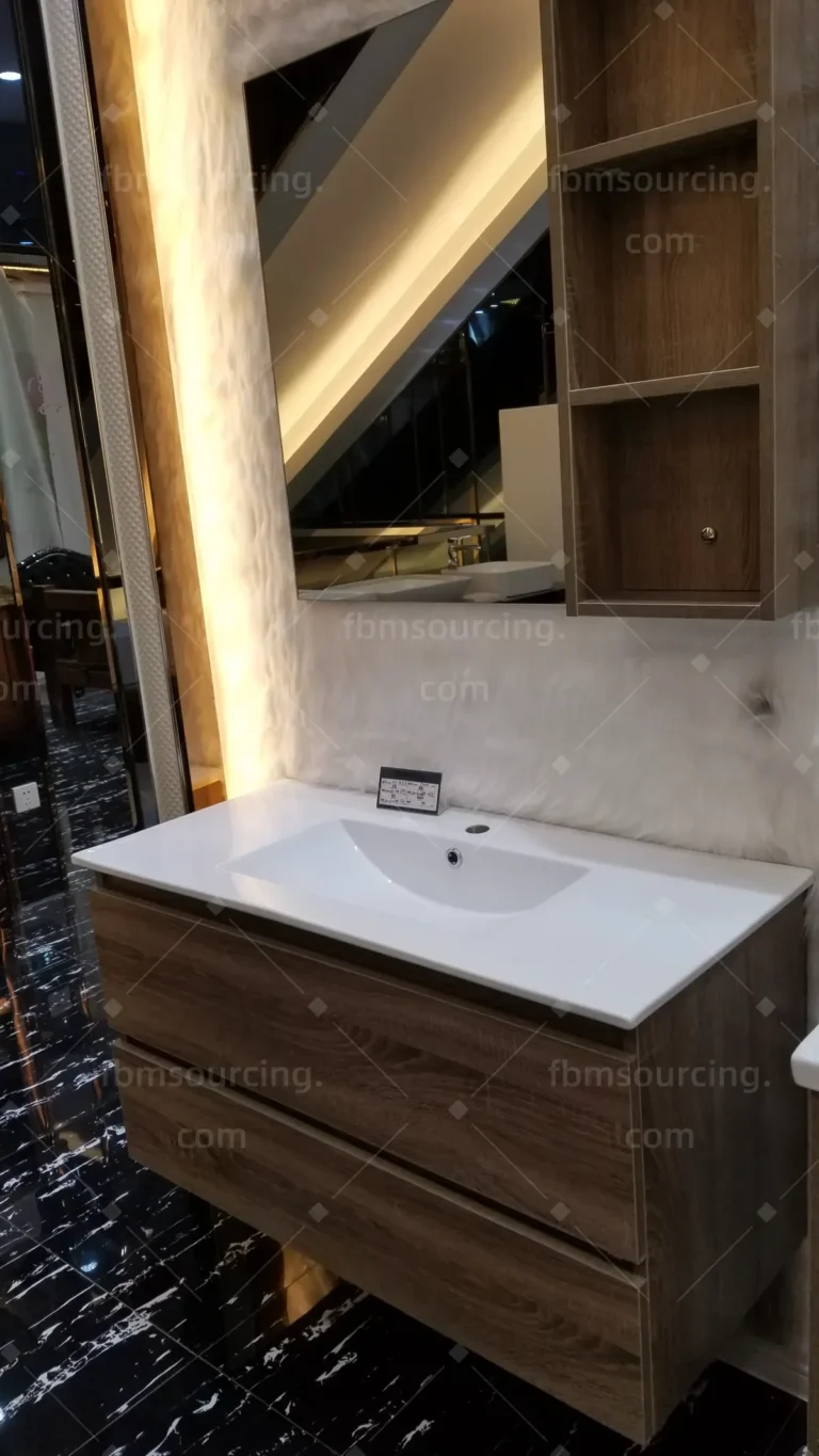 Oak-finish wall-hung vanity unit shortlisted at Foshan market