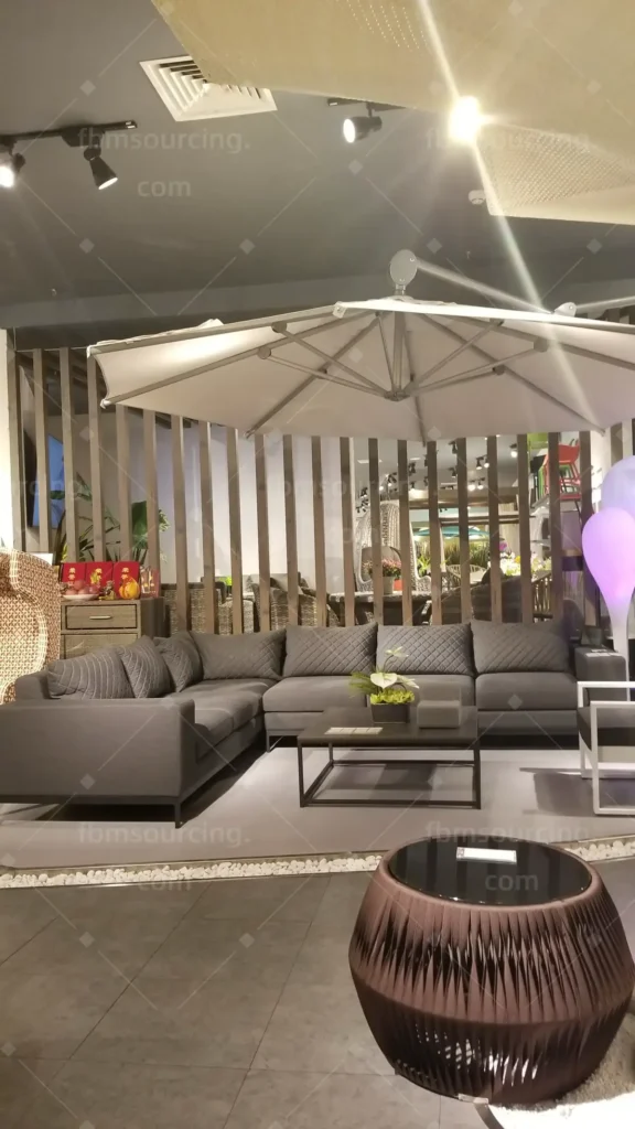 Outdoor lounge set and cantilever umbrella at Foshan furniture mall