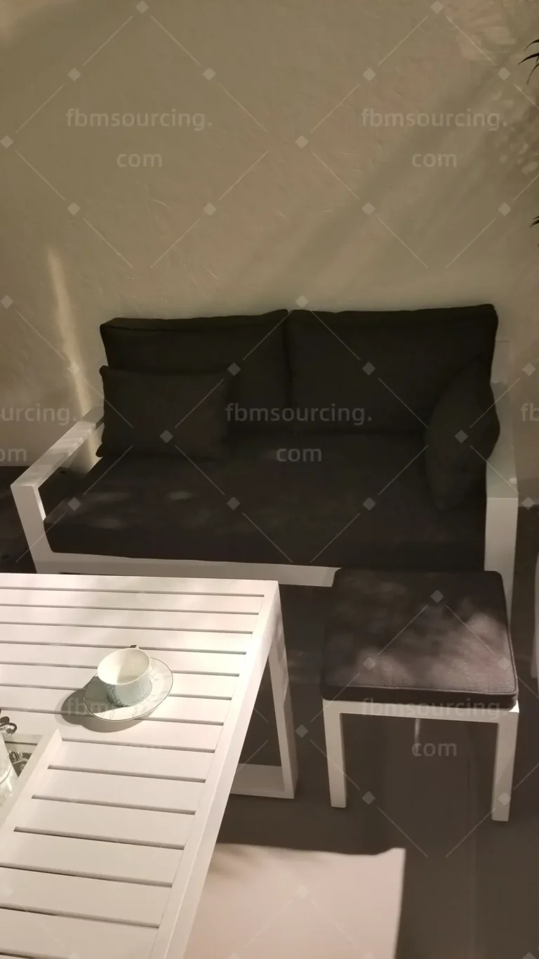 White aluminium outdoor sofa set with slatted coffee table