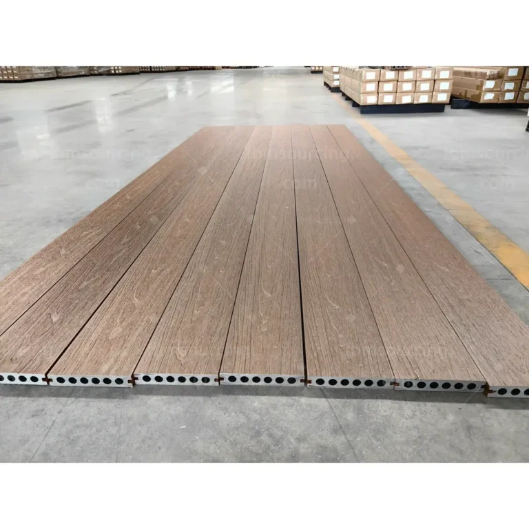 WPC decking boards laid out for quality inspection at China factory — municipal park procurement