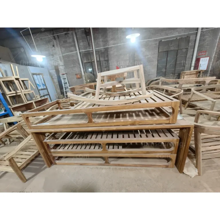 Teak benches and sun loungers in production for municipal park FF&E procurement