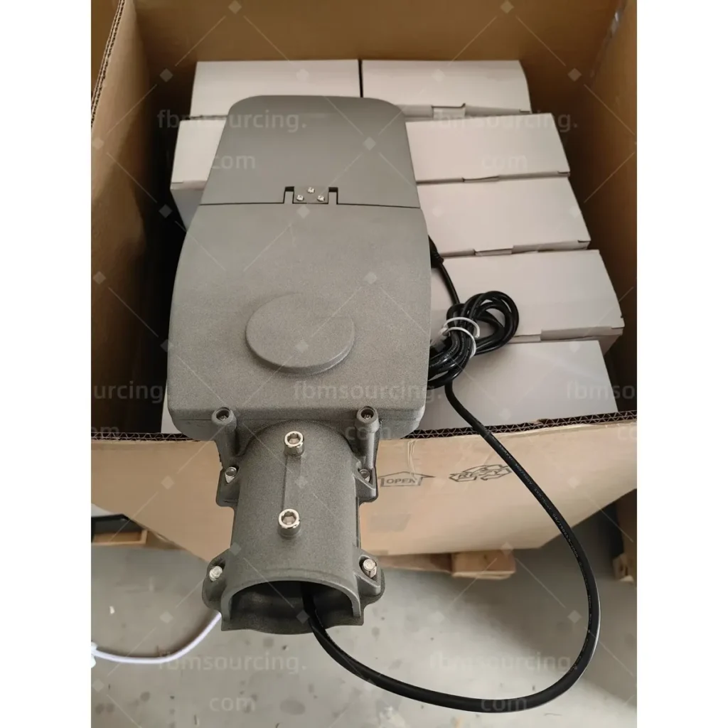 Solar street light head and mounting bracket inspected before shipment