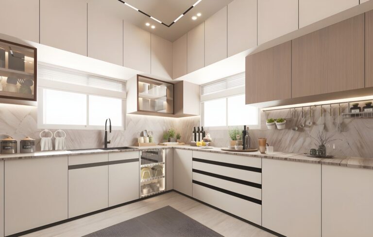 Bright modern kitchen with sleek minimalist design, marble countertops, and neutral colors.