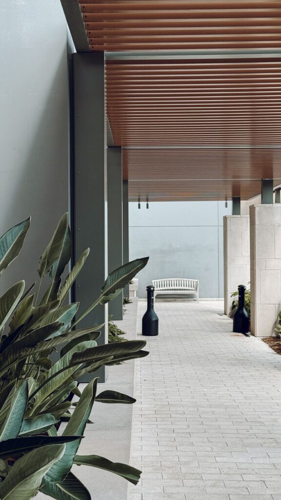 A minimalist architectural walkway with lush plants and contemporary design elements.