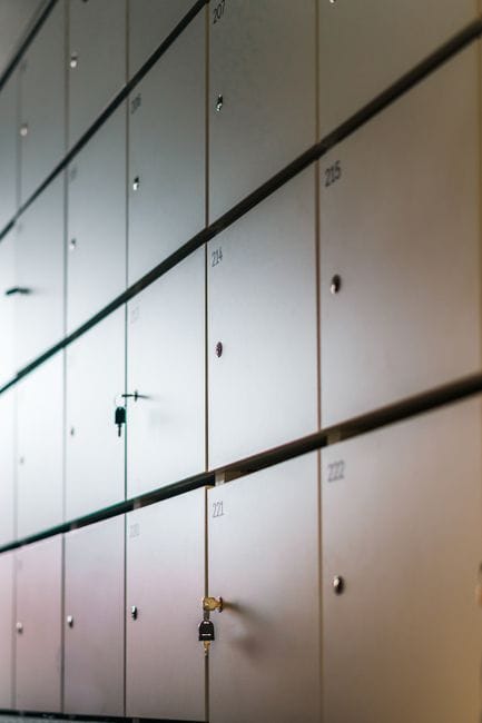 Row of numbered lockers with locks in an indoor environment, emphasizing security and organization.