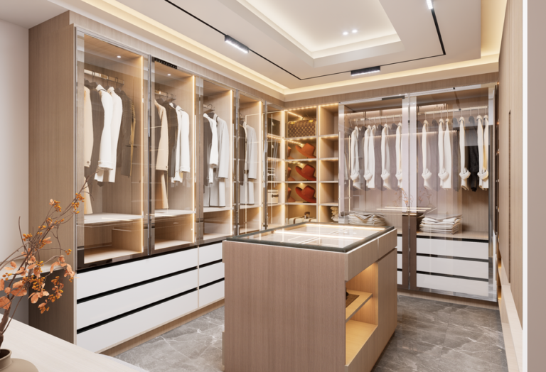Spacious modern walk-in closet with elegant wooden finishes and ambient lighting.
