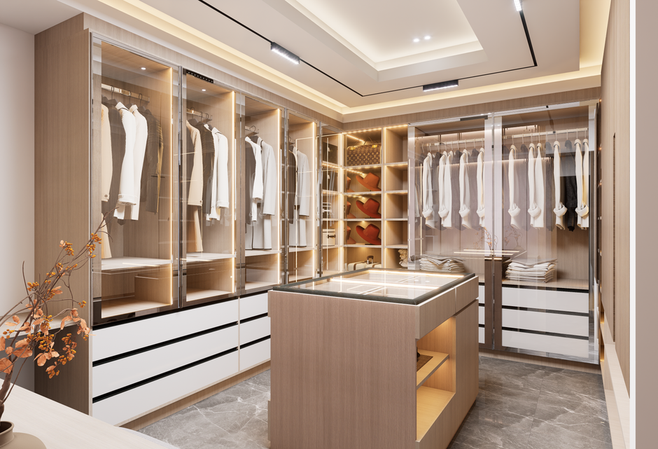 Spacious modern walk-in closet with elegant wooden finishes and ambient lighting.