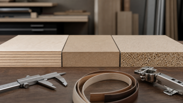 Plywood, MDF and particle board cross-sections for furniture material comparison