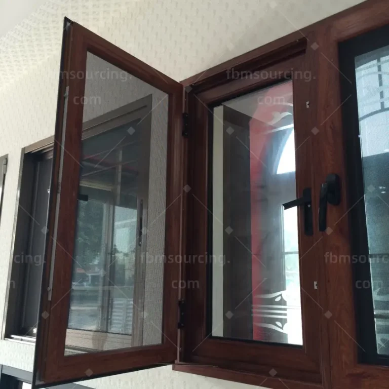 Wood-grain aluminum casement window sample checked during villa window sourcing