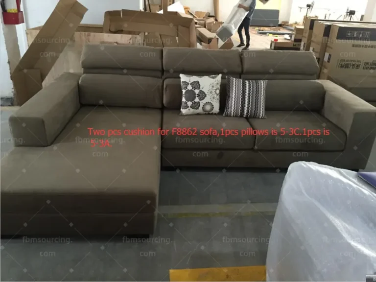UK villa furniture procurement - grey fabric modular sofa checked before packing
