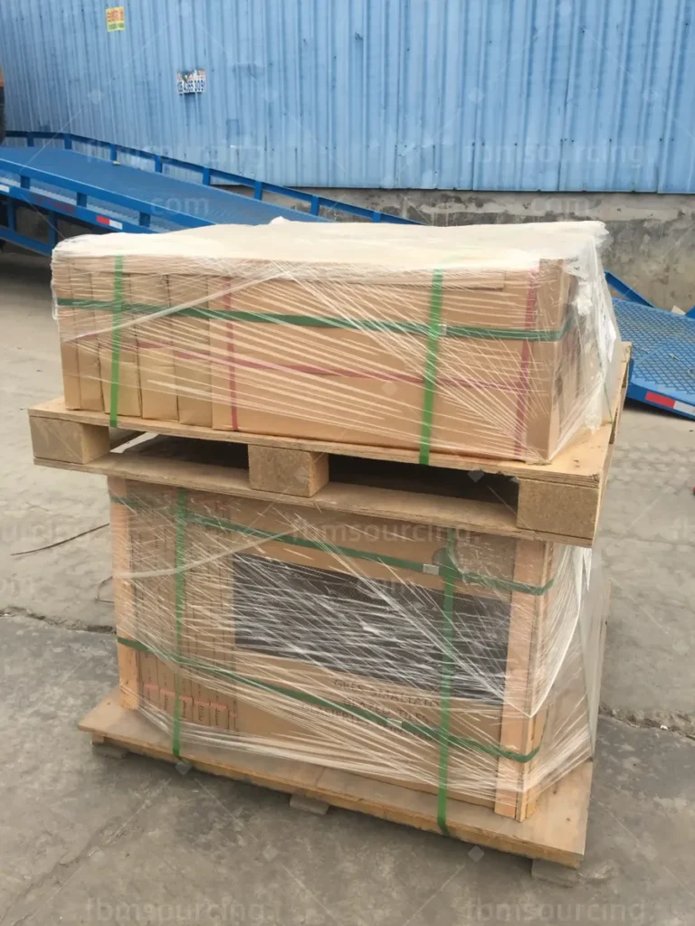 Double-stacked tile pallets prepared for container loading in China