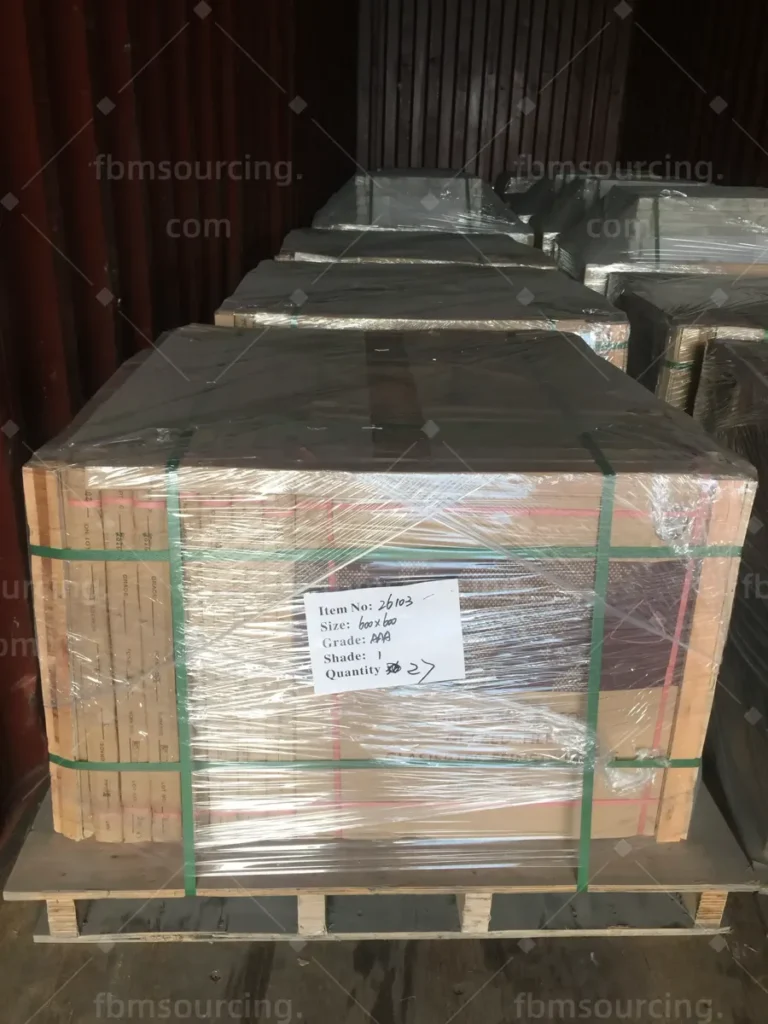 Shrink-wrapped pallet with packing label loaded for Australian villa project