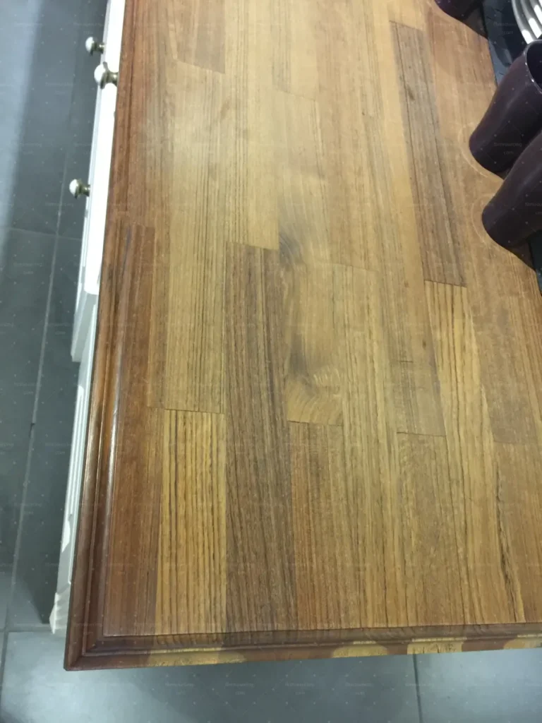 Solid timber benchtop grain and finish inspected before production