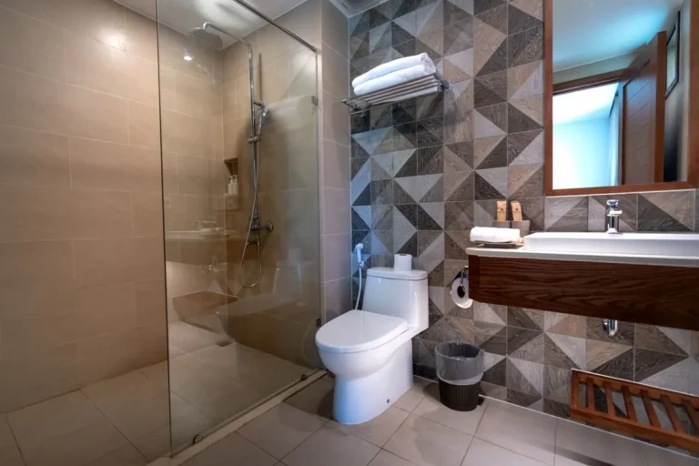 Tiled shower and bathroom floor illustrating AS 4586 P slip ratings for wet areas on Australian projects