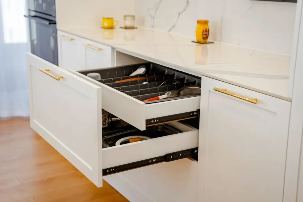 Cabinet hardware sourcing from China – soft-close drawer systems in a kitchen