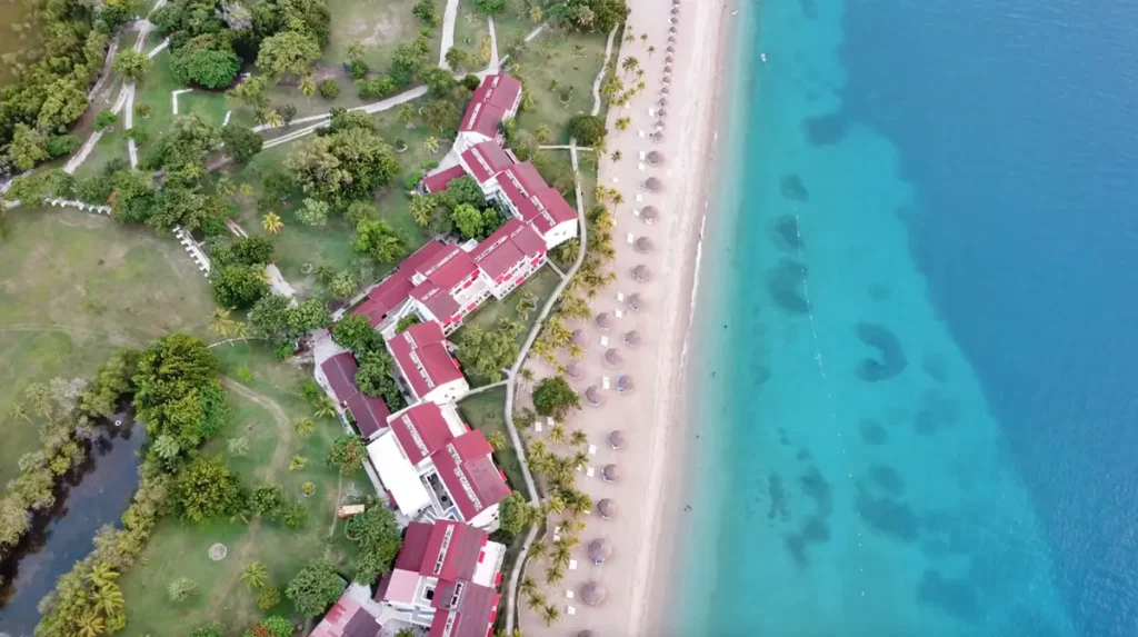 Aerial view of a Caribbean beachfront resort supplied with FF&E and building materials from China