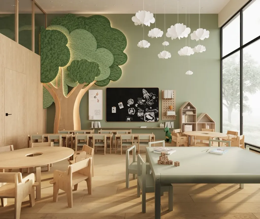 Kindergarten classroom with child-height tables and chairs, illustrating childcare fit-out procurement from a building material sourcing agent in China