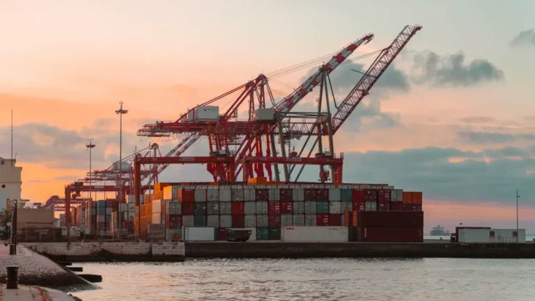 Container cranes and stacked containers at a port ahead of the Chinese New Year shipping rush