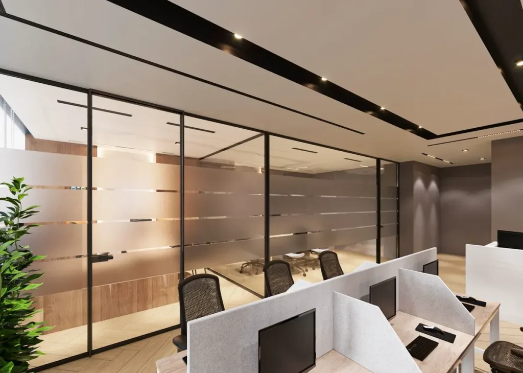 Demountable glass office partitions dividing a meeting room in a commercial fit-out project