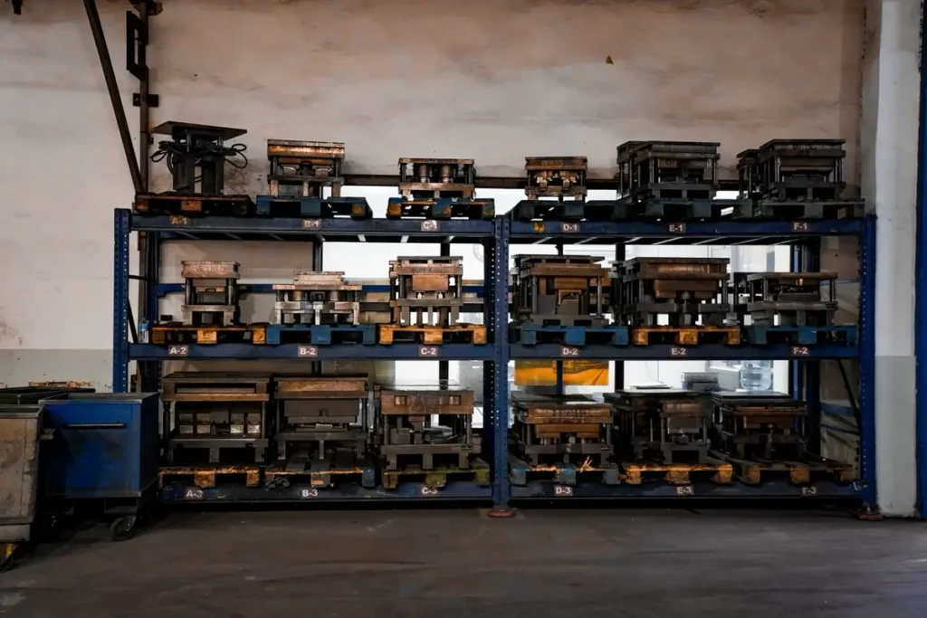 Buyer-owned molds and tooling stored on labelled racks at a Chinese factory
