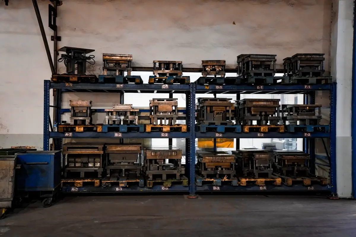 Buyer-owned molds and tooling stored on labelled racks at a Chinese factory