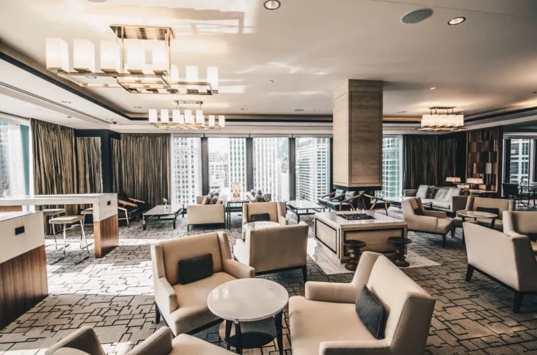 Commercial hotel lounge furnished through FF&E procurement sourced from China