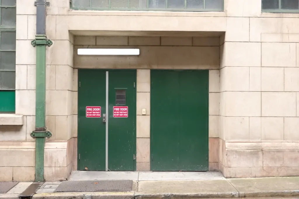Labelled fire doors on a commercial building, illustrating the fire and life-safety documents to collect for project handover