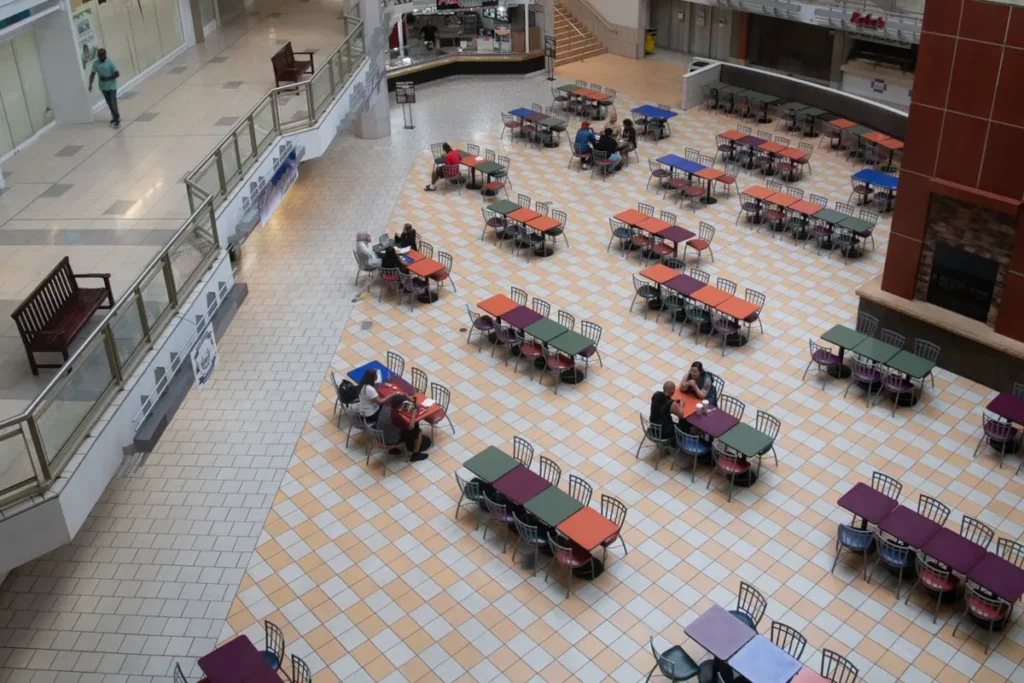 Food court seating and tables in a commercial food hall