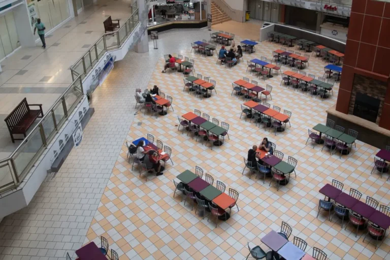 Food court seating and tables in a commercial food hall