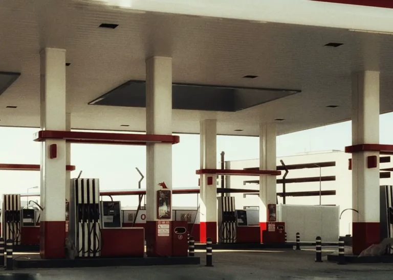 Gas station canopy structure and fixtures illustrating building materials sourcing from China for chain projects