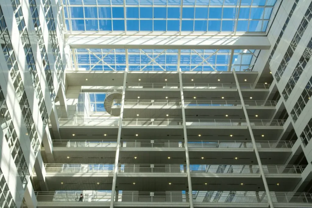 Public building atrium interior — government project sourcing from China for FF&E and building materials