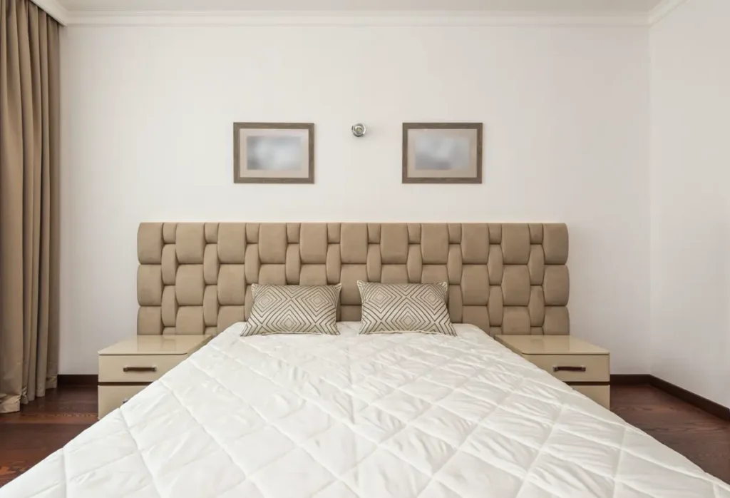 Upholstered hotel bed headboard with bedside cabinets - hotel bed headboard sourcing from China
