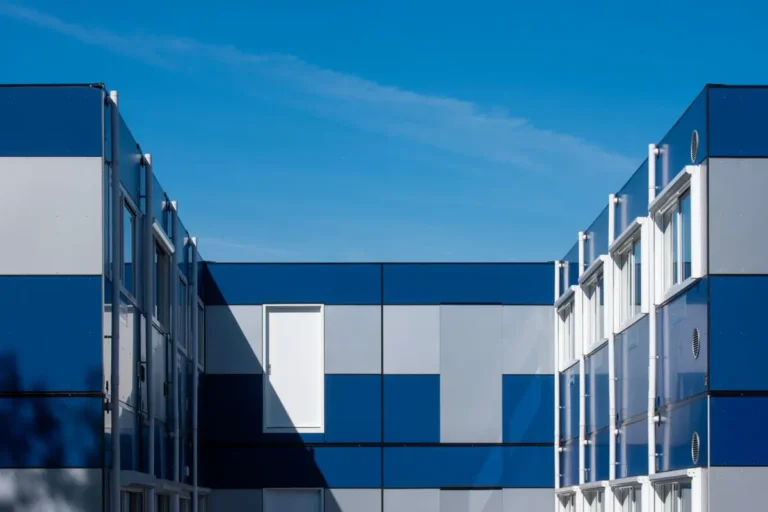 Modular construction building exterior with prefabricated panels