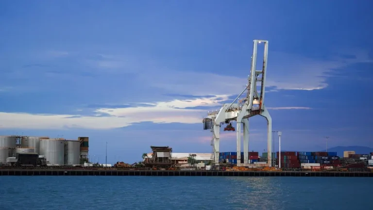Container terminal gantry crane and stacked containers illustrating port and local charges on a China shipment for project cargo