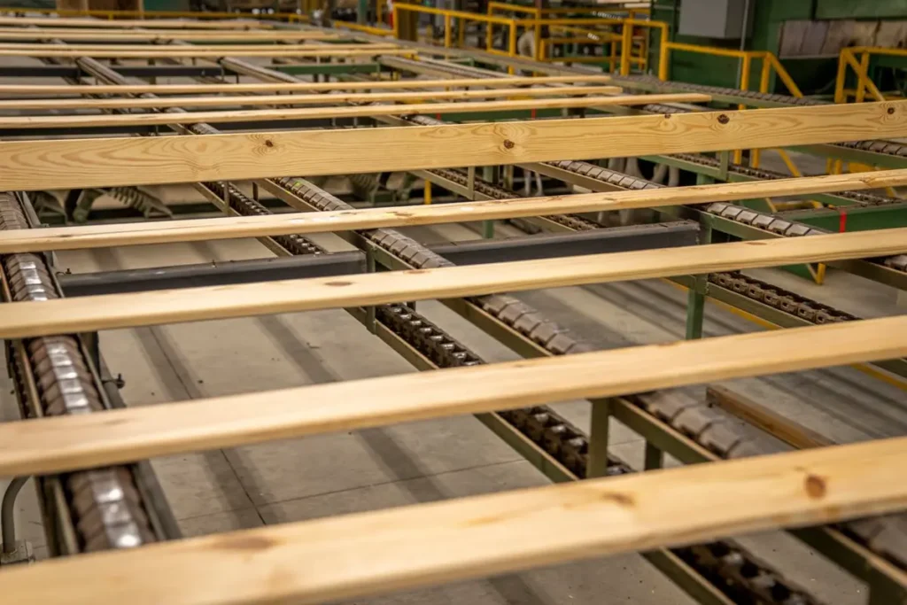 Timber components on a factory conveyor during production, illustrating progress reporting for a china sourcing agent project order