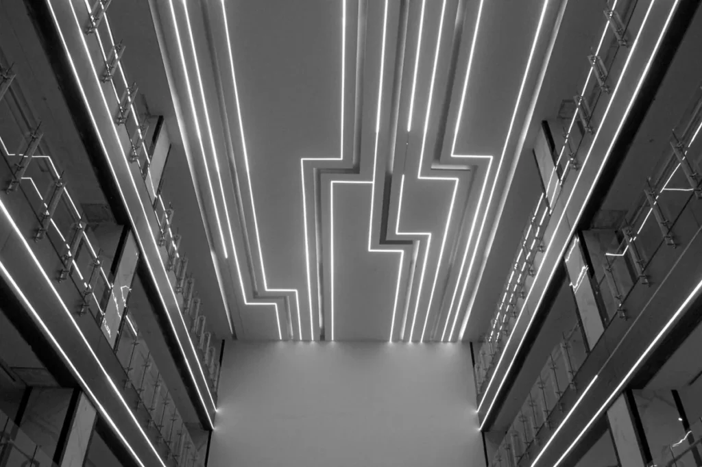 LED ceiling lighting in a commercial interior, illustrating SAA certification and RCM requirements for lighting on Australian projects