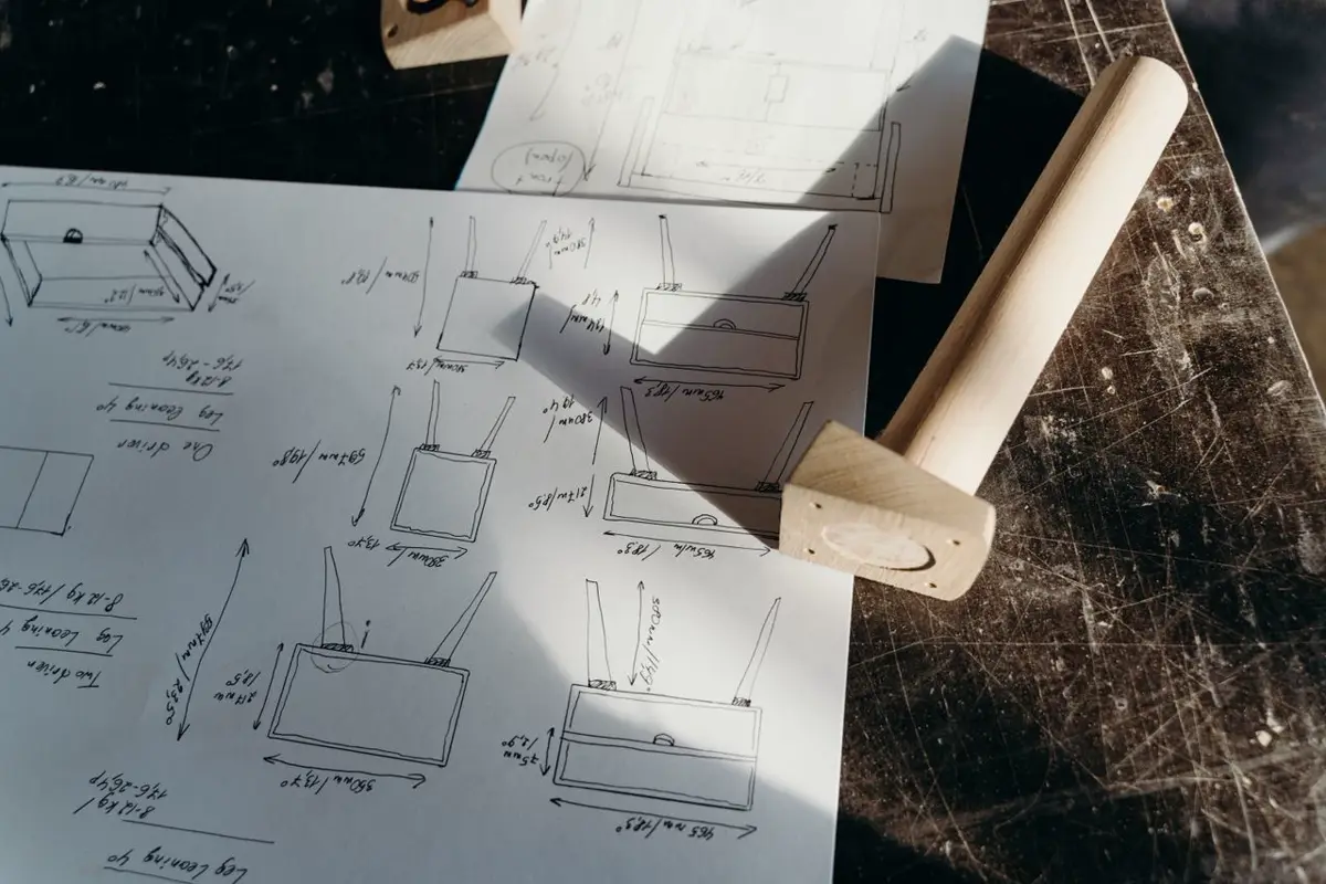 Shop drawing approval cycle with Chinese factories showing dimensioned production drawings for custom joinery