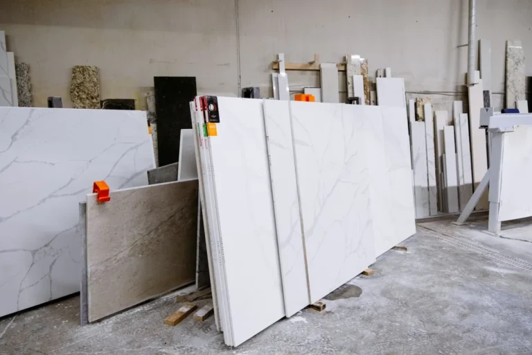 Sourcing marble from China – marble slabs stacked at a stone factory