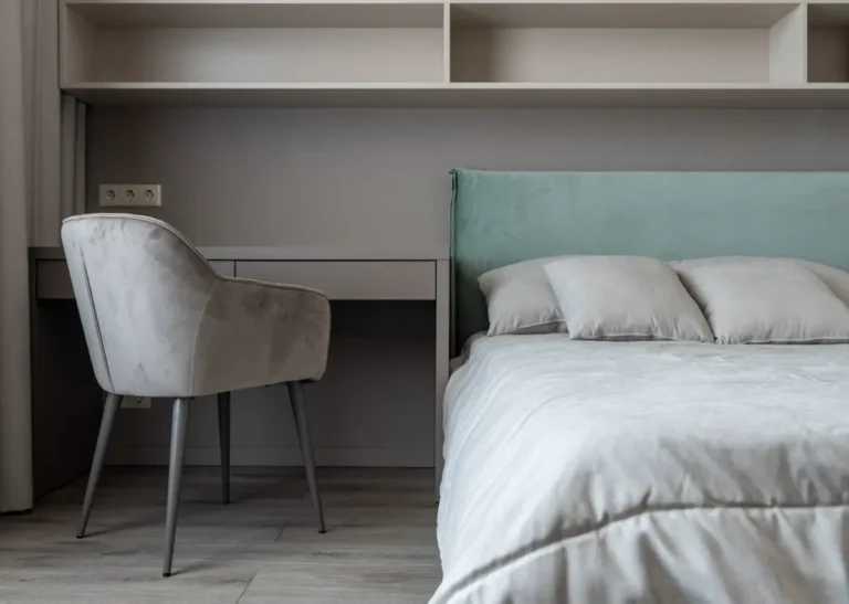 Student accommodation bedroom with study desk, chair and bed - student accommodation furniture procurement from China