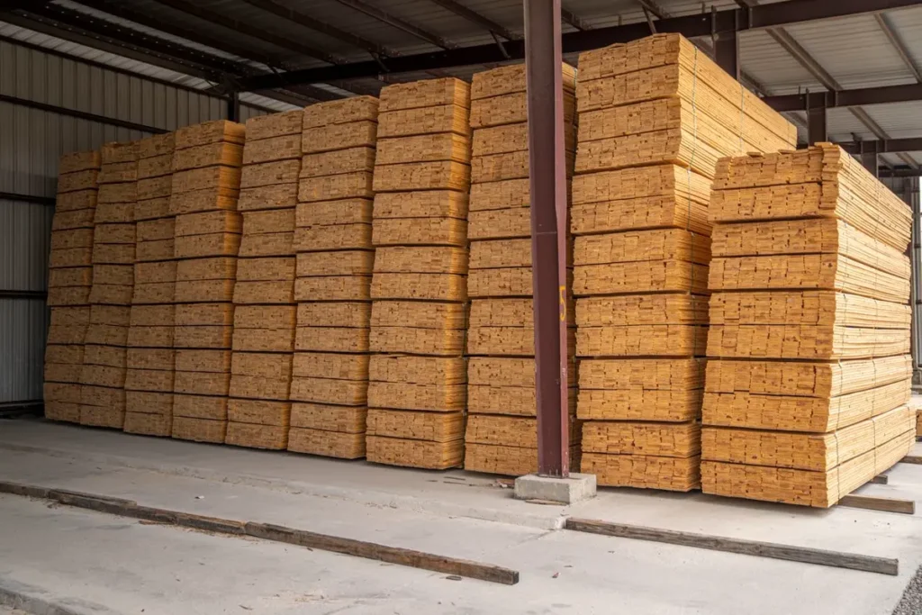 Stacked timber in a warehouse - timber legality documents for wood products from China
